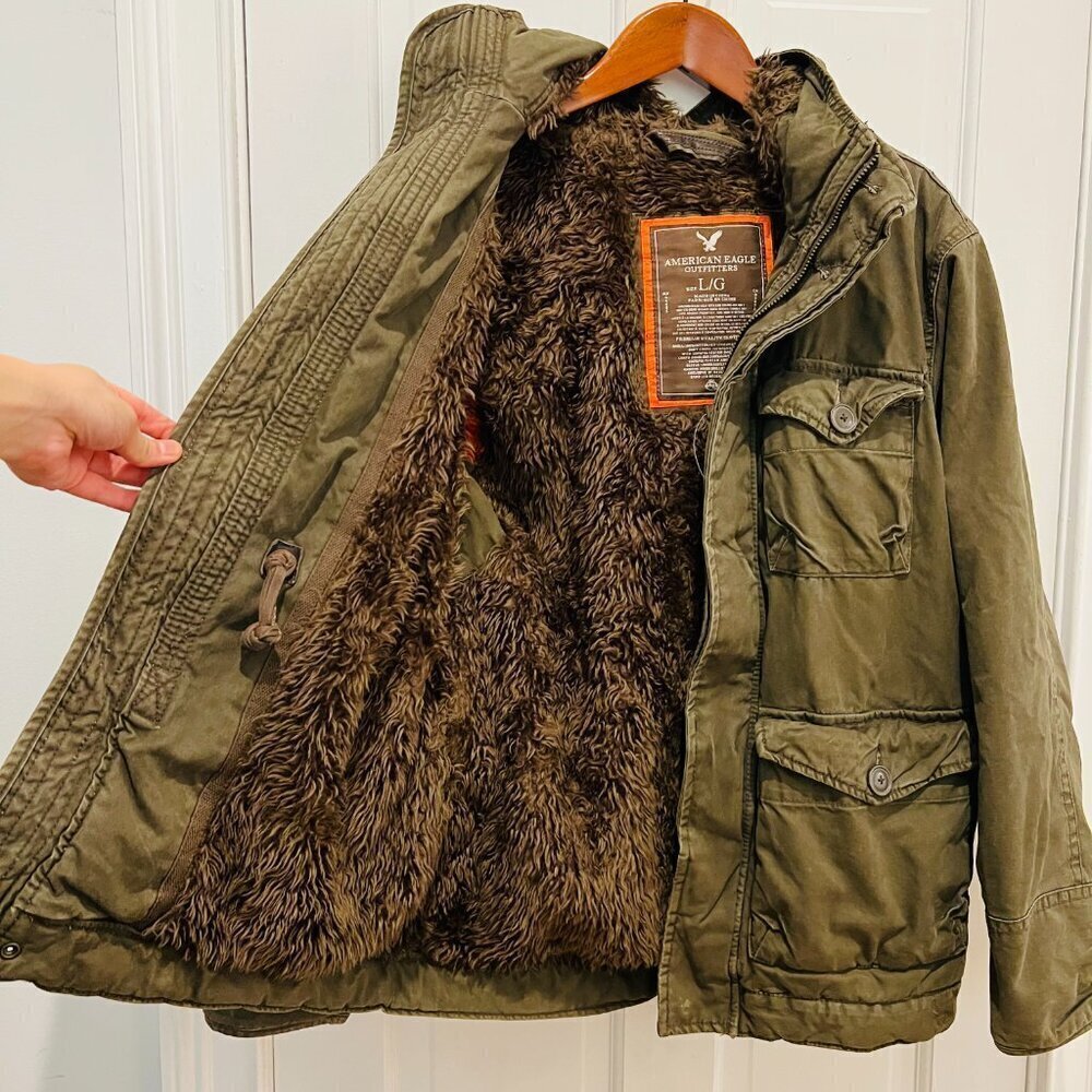 Y2K Green American Eagle Military Parka Winter Coat Mens Small Heavyweight Lined - Picture 4 of 16